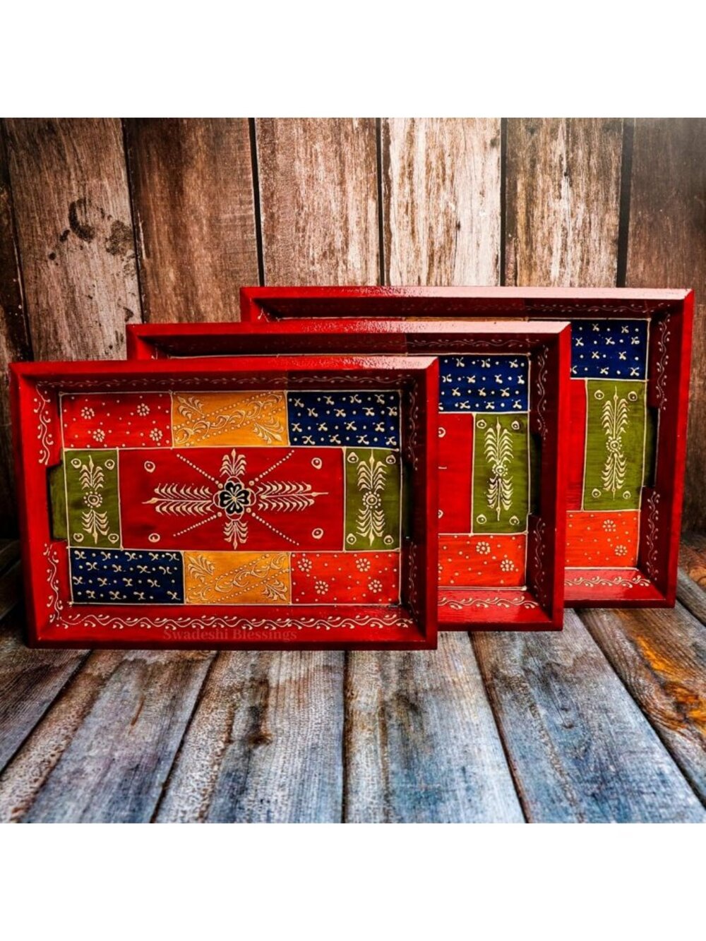Hand-Painted Wooden Serving Tray Set of 3 - Antique Red, Rustic Home Decor